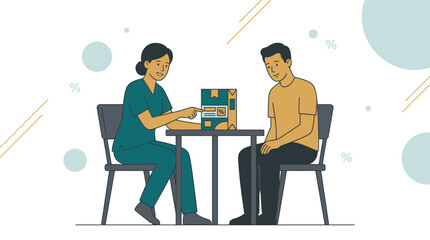 Fototapeta premium Nurse Explains Food Label Nutrition Facts to Patient, Healthcare Education, Dietary Guidance