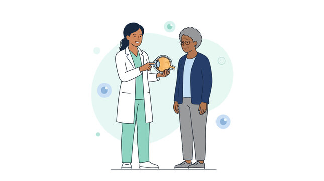 Nurse Explains Eye Anatomy Model to Elderly Patient in Modern Flat Illustration Style