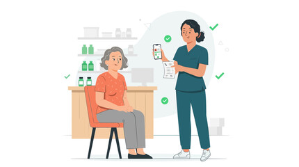 Fototapeta premium Nurse Explains Prescription to Senior Patient in Pharmacy with Modern Flat Illustration Style
