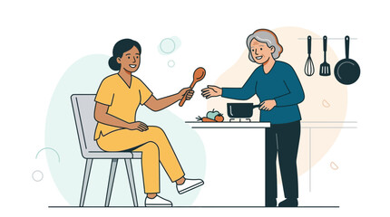 Fototapeta premium Nurse helping elderly patient cook in kitchen, promoting independence and care