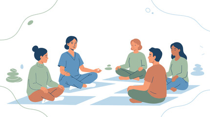 Obraz premium Nurse leads patients in meditation session, promoting wellness and mental health with mindful practice.