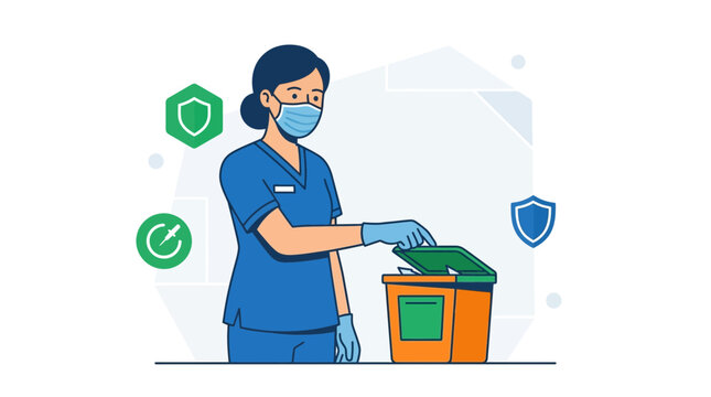 Nurse in mask and gloves safely disposes of medical waste in sharps container, healthcare safety concept vector illustration