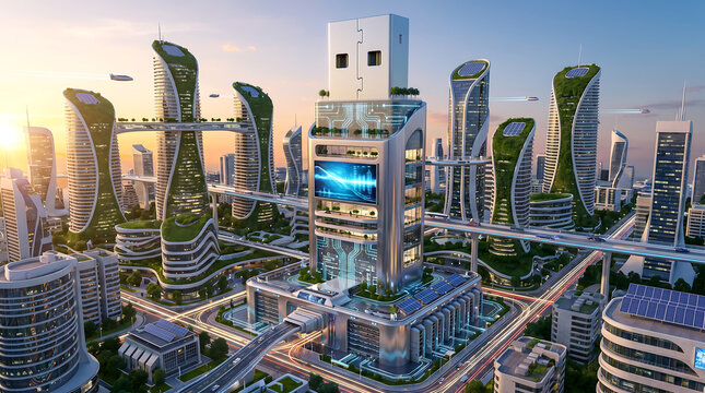 Futuristic smart city skyline with usb shaped skyscraper and green architecture under a warm sunset sky