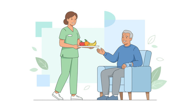 Nurse offers fruit tray to elderly patient sitting in armchair, healthcare concept, flat design illustration