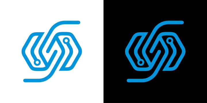 Abstract Blue Technology Logo Design with Interlocking Circuit Lines and Hexagonal Geometric Shapes for Digital Innovation