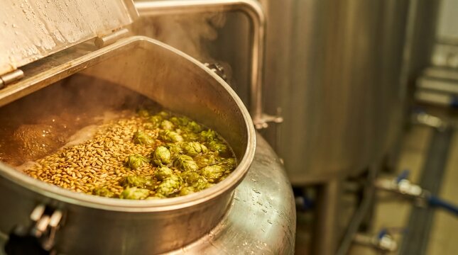 brewing process essentials, an open vessel filled with grains and hops, steam rising in a bustling brewery