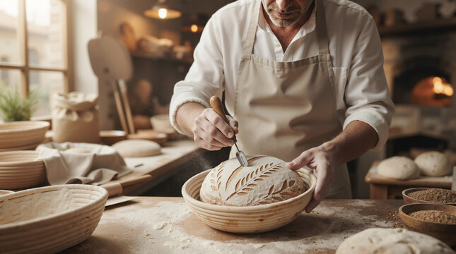 Artisan baker scoring sourdough bread dough in a rustic bakery. Professional baker preparing bread for baking in a proofing basket