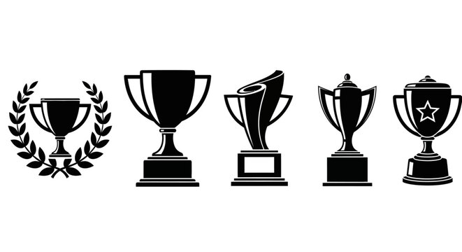 Trophy cup icon set, black silhouette award symbols for winners, 5 championship trophy vector elements, laurel wreath and achievement prize icons