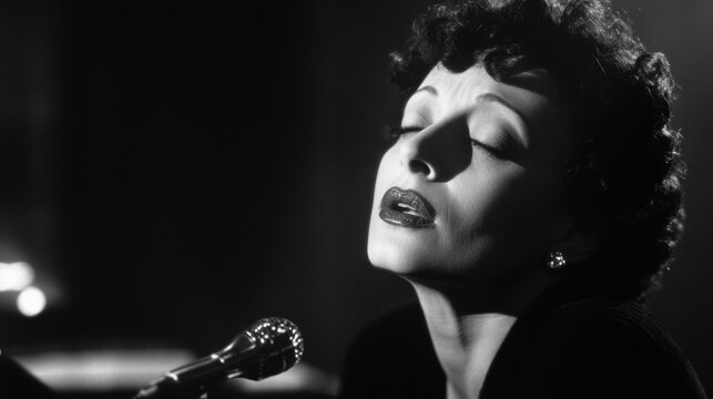 Female singer performing with vintage microphone in dramatic lighting