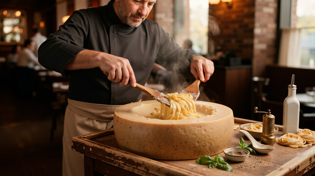 Chef preparing pasta in a large parmesan cheese wheel. Traditional italian cooking technique in a restaurant setting