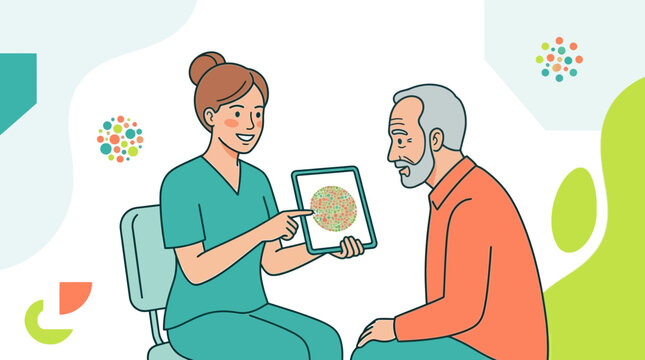 Nurse showing Ishihara test to elderly patient during eye exam, flat illustration style with medical concept.
