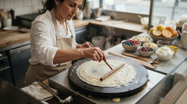 Professional chef spreading crepe batter on a hot griddle. Woman preparing thin pancakes in a cafe kitchen. Culinary process and food preparation concept