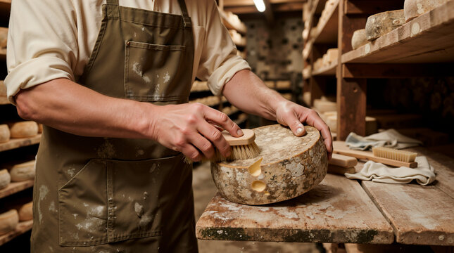 Cheesemaker cleaning a wheel of aged cheese in a cellar. Artisan food production process