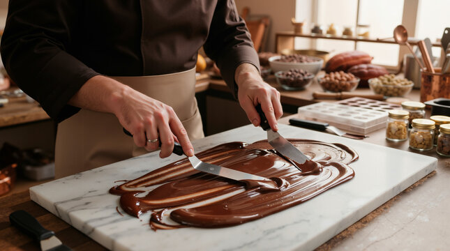 Chocolatier tempering melted chocolate on a marble slab. Professional pastry chef working in a confectionery kitchen