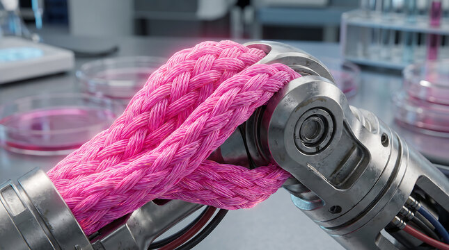 Close-Up of Futuristic Robotic Arm Joint with Pink Lab Grown Synthetic Muscle Actuators in Laboratory