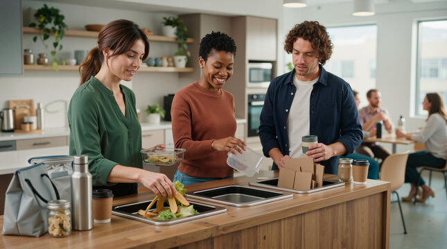 Diverse colleagues sorting waste in a modern office kitchen. Sustainable workplace practices and recycling concept