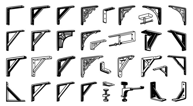Collection of decorative wall shelf brackets and industrial corner supports for home decor and shelving systems isolated on white background as clean black and white vector graphics