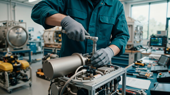 Technician repairing industrial machinery in a laboratory. Professional engineer using a torque wrench on mechanical equipment