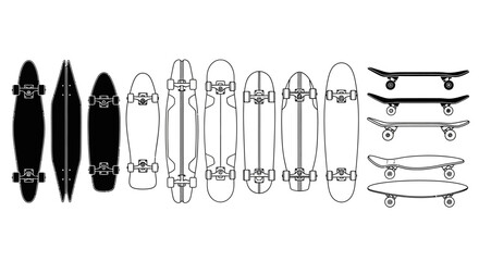 Collection of various skateboard designs and shapes, showcasing different styles and sizes of skateboards © Dylan