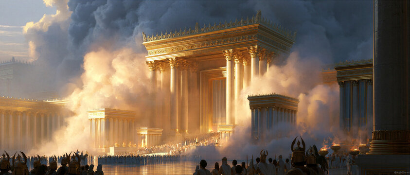 Solomon dedicating the first Temple with glorious golden architecture and divine ceremony