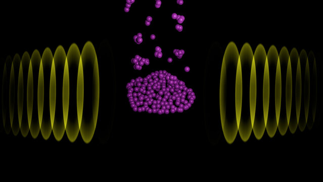 Acoustophoresis of multiple particles within sound field. 3d render illustration.