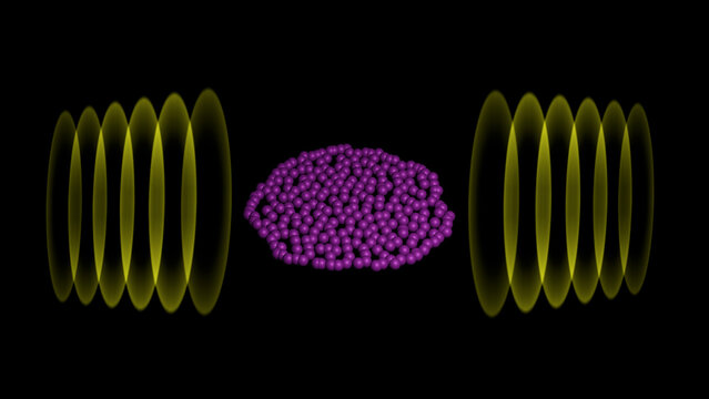 Acoustophoresis of multiple particles within sound field. 3d render illustration.