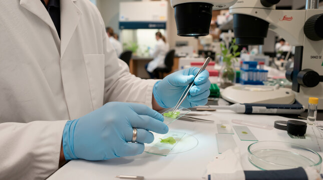 Scientist examining plant sample on microscope slide in laboratory. Researcher using tweezers for botanical analysis