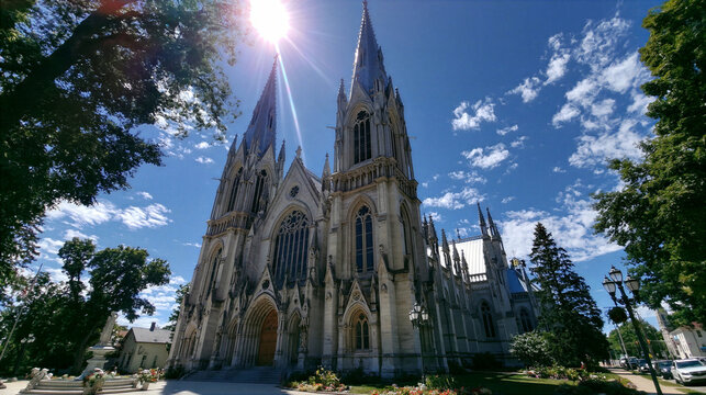 Summer cathedral bathed in strong sunlight and clear blue sky with bright architectural detail