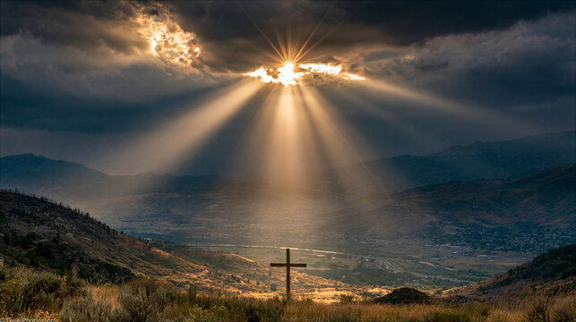 Sun breaking through clouds forming cross-shaped light over landscape with spiritual symbolism