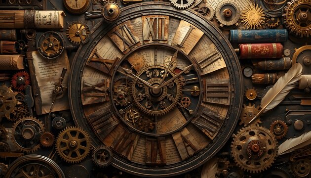 Vintage clock face with mechanical gears. Antique steampunk watch background with metal parts.