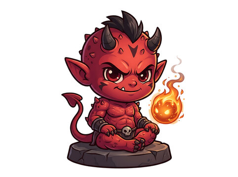 Cute red devil character with fire. Halloween imp mascot on a isolated transparent background png
