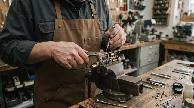 Locksmith repairing a mechanical lock mechanism in a workshop. Professional craftsman working with precision tools at a workbench