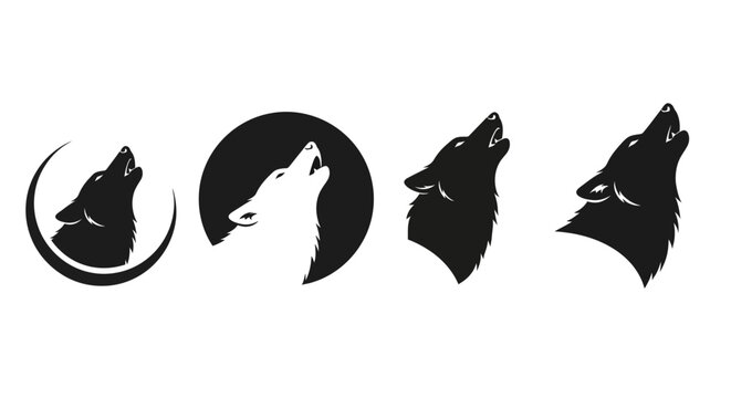 Howling wolf silhouette set featuring animal heads against moon symbols for logo or graphic design elements