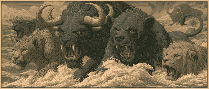 The Beast out of the sea with seven heads and ten horns resembling ancient monsters