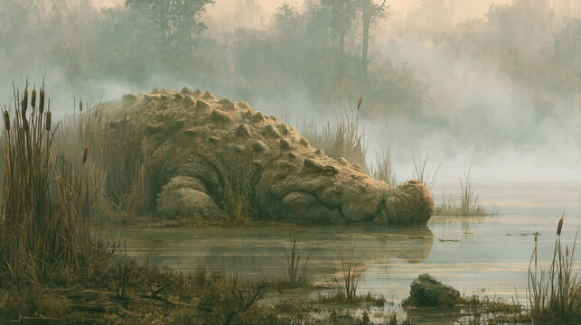 The Behemoth resting in the reeds as a colossal prehistoric creature of immense power
