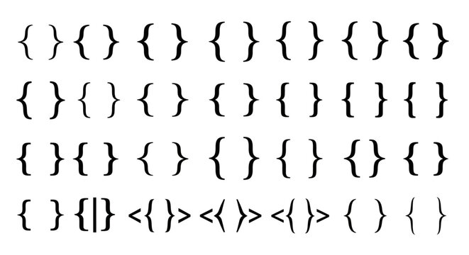 Set of black bracket icons featuring curly braces, square brackets, angle symbols and parentheses for graphic design and typography