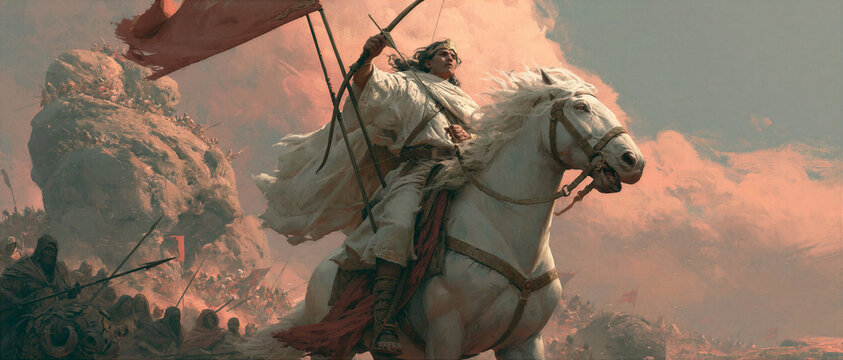 The breaking of the First Seal: a rider on a white horse with bow in apocalyptic vision