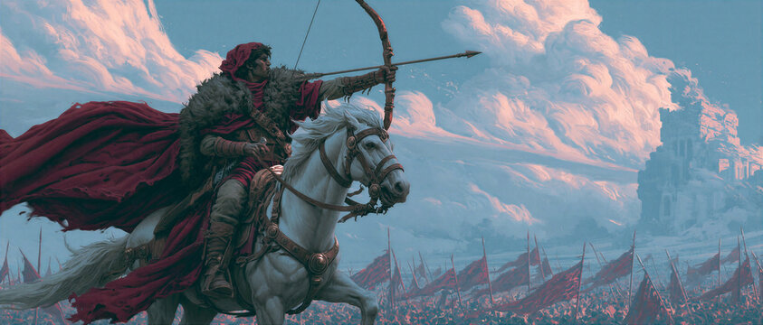 The breaking of the First Seal: a rider on a white horse with bow and crown