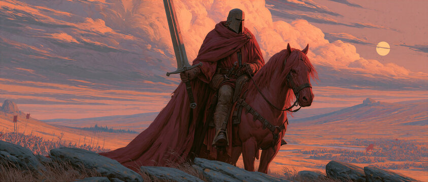 The breaking of the Second Seal: a rider on a red horse holding a large sword