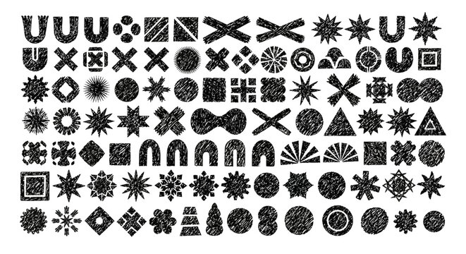 Collection of hand-drawn black geometric symbols and distressed textured shapes for creative graphic design and tribal art projects