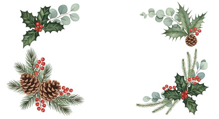 Watercolor Christmas botanical frame corners with holly berries, pine cones, and eucalyptus leaves on white background © Dylan