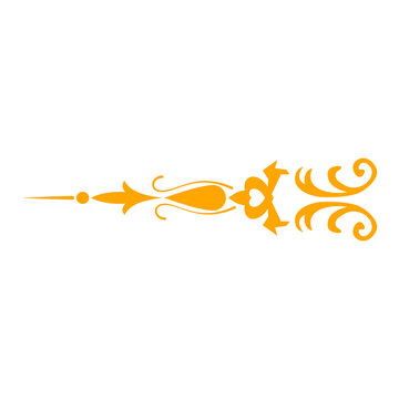 Decorative golden vintage arrow divider with floral swirl filigree ornament. Page accent element. Transparent PNG illustration.