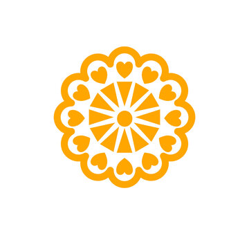 Isolated orange PNG icon featuring a mandala-style circular wheel design with hearts and triangle geometric patterns for love, peace, or yoga design. Transparent PNG Illustration