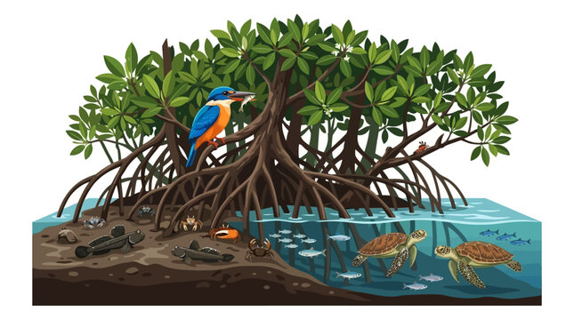 Mangrove ecosystem cross section with diverse marine and bird life