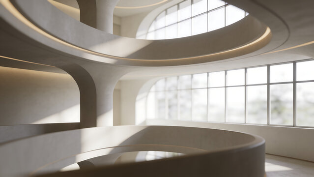 Modern Minimalist Architectural Interior with Curved Concrete Spiral Ramp and Large Windows in Bright Daylight