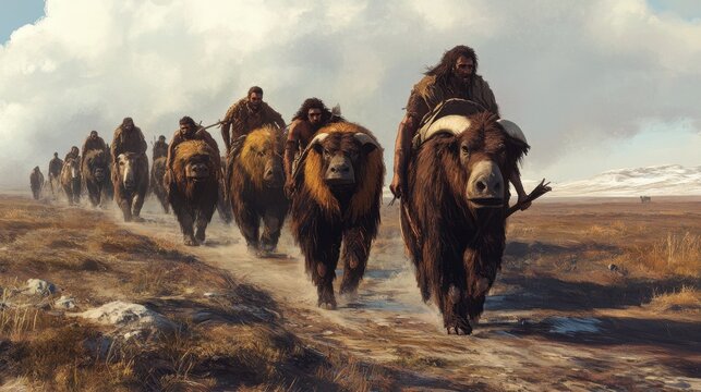 Prehistoric hunters riding animals in mountain landscape