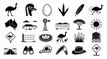 Black and white Australian outback icon set.