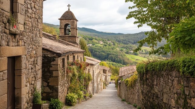 Rustic stone village street in autumn with scenic landscape