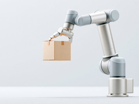 白背景で段ボール箱を運ぶ産業用ロボットアーム