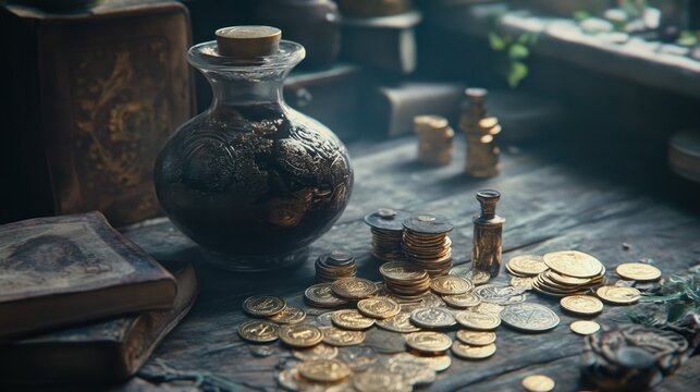 Antique coins in wooden drawer displaying intricate designs and historical artifacts